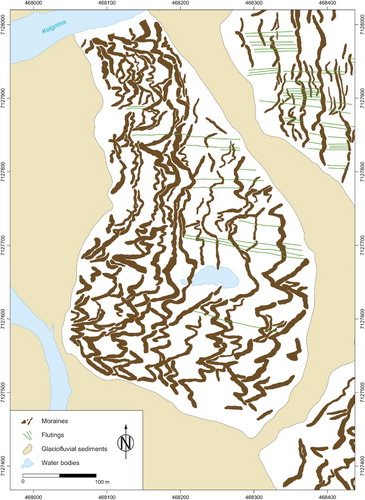 Figure 8. Glacial geomorphological map illustrating the distribution and planform of recessional push moraines in area A (see Figure 2). The mapping is based on the high-resolution DEM generated from UAV-captured imagery. Map projection is WGS 1984/UTM Zone 28N (ESPG: 32628). The map is at a scale of ∼1:2500 when printed as a full A4-sized figure.