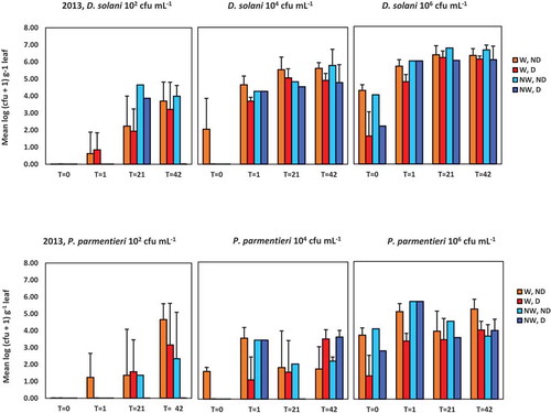 Fig. 2 Population densities of Dickeya solani and Pectobacterium parmentieri (respectively, the upper and lower row of graphs) in leaves at 0, 1, 21 and 42 days after spraying potato leaves with suspensions of 102, 104 or 106 cfu mL−1. Results are summarized of the glasshouse experiment in 2013. W = leaves wounded prior to inoculation, NW = leaves not wounded prior to inoculation, D = leaves disinfected prior to analysis, ND = leaves not disinfected prior to analysis. Error bars show standard deviations