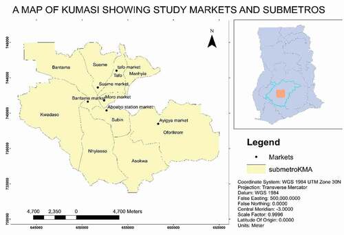 Figure 1. Map of Kumasi showing markets sampled for the study