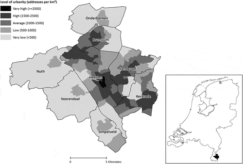 Figure 1. The geography of density in Parkstad Limburg, based on the number of addresses per square kilometer (2013 density levels). Data: Kerncijfers Wijken en Buurten (Statistics Netherlands), own adaptation.