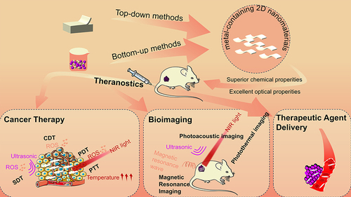 Figure 1 The synthesis and theranostic platform of metal-containing 2D nanomaterials, including cancer therapy, bioimaging and therapeutic agent delivery.