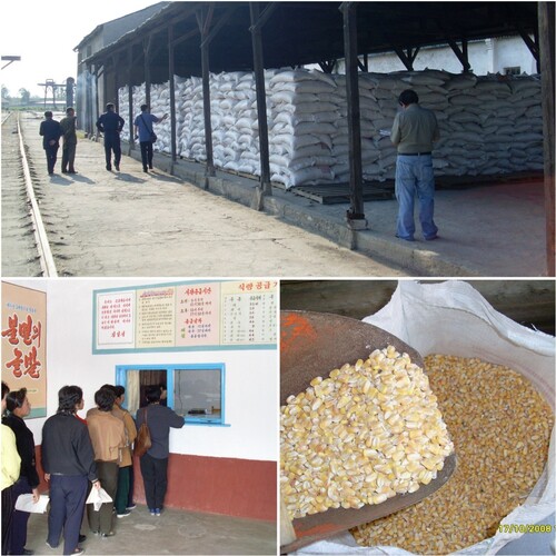 FIGURE 4. Food aid stored in warehouses; aid recipients queuing at a PDC; donated maize.