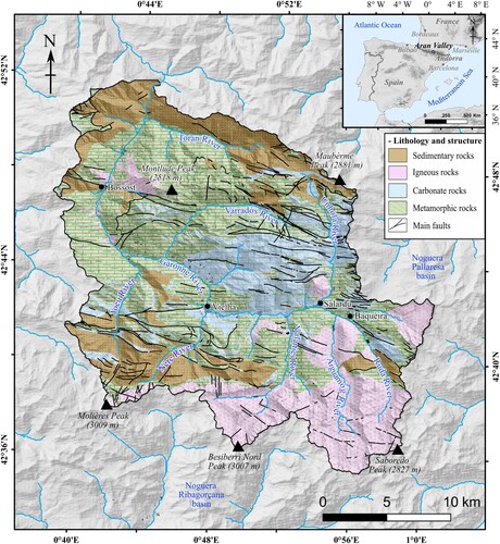 Figure 1. Location of the Aran Valley within the Pyrenean range, including the main lithological units of the study area.