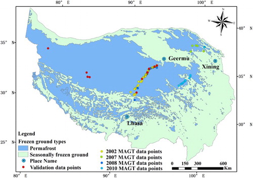 Figure 1. 1: 3,000,000 Permafrost Map on the QTP, and the MAGT data points (revised from Li and Cheng Citation1996).