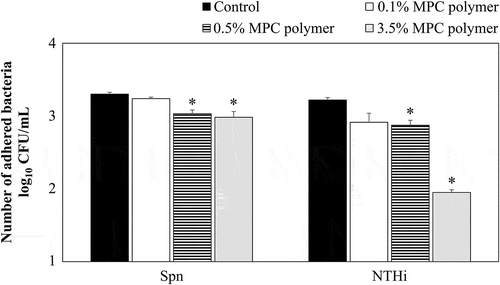 Figure 2. Effects of MPC polymer concentration on the adherence of Spn and NTHi in vitro.