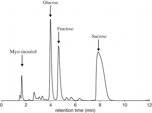 Figure 1 Sugar HPLC elution profile from Deglet Nour palm sap (dilution 1: 100) obtained by HPAEC-PAD chromatography system.