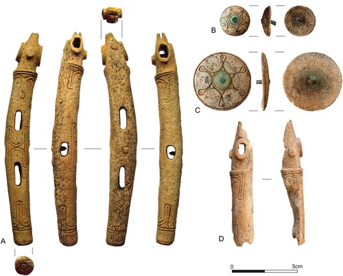 Figure 5. Photo of the gear of Horse 1, including A, D) antler rod cheekpieces and B–C) round antler knobs.