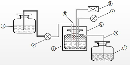 Figure 2. Flow chart of the continuous fermentation system. 1: Culture medium tank. 2: peristaltic pump; 3: fermenter; 4: collection tank; 5: thermometer; 6: air bath temperature control box; 7: air pump and 8: pH control. Notes: The fermenter was a 200 mL Erlenmeyer flask and was completely closed except for the intermittent aeration (30 min every 12h). The temperature and pH of the fermentation broth were automatically controlled.