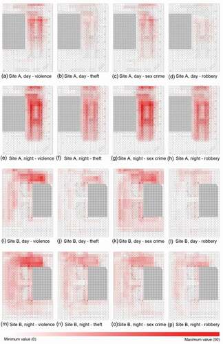 Figure 4. Hotspots of fear intensity by crime type: (a–d) Site A – day: (a) Violence; (b) Theft; (c) Sex crime; (d) Robbery; (e–h) Site A – night: (e) Violence; (f) Theft; (g) Sex crime; (h) Robbery; (i–l) Site B – day: (i) Violence; (j) Theft; (k) Sex crime; (l) Robbery; (m–p) Site B – night: (m) Violence; (n) Theft; (o) Sex crime; (p) Robbery.