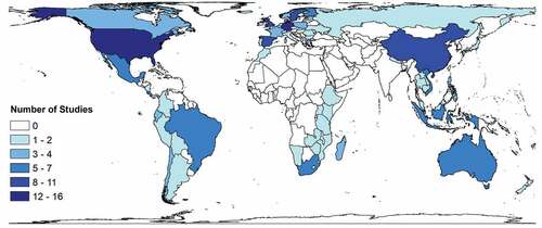 Figure 3. World map showing the distribution of empirical ES governance studies. The colour intensity illustrates the number of studies within a given country. There were 17 studies at the supranational or global scale that are not shown on the map