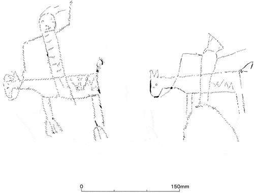 Figure 6. Examples of horse and rider figures from the south aisle roof, scale as shown.