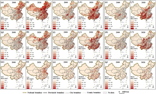 Figure 4. Spatiotemporal evolution of HUE types at different scales.Note: HUE expressed by the areas of HUE (a) is spatial arrangement of low HUE at city scale in 2000, (b) is spatial arrangement of low HUE at city scale in 2020, (c) is spatial arrangement of medium HUE at city scale in 2000, (d) is spatial arrangement of medium HUE at city scale in 2020, (e) is spatial arrangement of heavy HUE at city scale in 2000, (f) is spatial arrangement of heavy HUE at city scale in 2020. (g) is spatial arrangement of low HUE at county scale in 2000, (h) is spatial arrangement of low HUE at county scale in 2020, (i) is spatial arrangement of medium HUE at county scale in 2000, (j) is spatial arrangement of medium HUE at county scale in 2020, (k) is spatial arrangement of heavy HUE at county scale in 2000, (l) is spatial arrangement of heavy HUE at county scale in 2020. (m) is spatial arrangement of low HUE at 10 km grid scale in 2000, (n) is spatial arrangement of low HUE at grid scale in 2020, (o) is spatial arrangement of medium HUE at grid scale in 2000, (p) is spatial arrangement of medium HUE at grid scale in 2020, (q) is spatial arrangement of heavy HUE at grid scale in 2000, (r) is spatial arrangement of heavy HUE at grid scale in 2020. Note: HUE is hillside urban expansion.