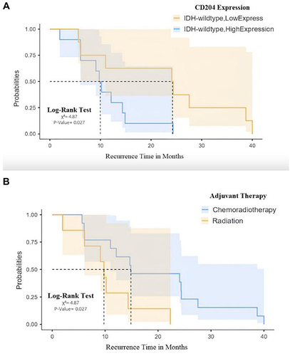 Figure 3 (A) The significant association between IDH-wildtype tumours and CD204+TAM (high and low expression) with recurrence interval, (B) The effect of chemoradiotherapy on all cases regardless of the IDH1/2 and CD204 status.