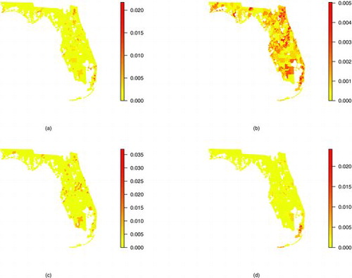 Figure 1. Percentage of total cancer cases within each ZCTA for (a) African American, (b) Caucasian, (c) other, and (d) unknown race.