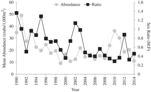 Figure 1. Mean abundance and male : female sex ratio of age-1 and older blue crabs during 1990–2010 Chesapeake Bay winter dredge surveys.