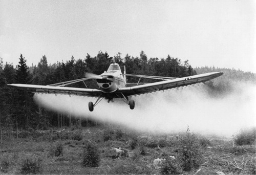 Figure 2. A widespread debate and criticism of Swedish forestry started in the beginning of the 1970s. The criticism was primarily triggered by massive protests against aerial spraying of herbicides to control brushwood in clear-cuts. Photo: SKOGENbild.
