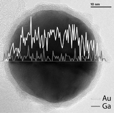 FIG. 5 XEDS line scan of a Au–Ga particle made with the Ga furnace at 900°C. The scan was collected for a period of 95 s, and the graph shows counts distributed over the diameter of the particle.