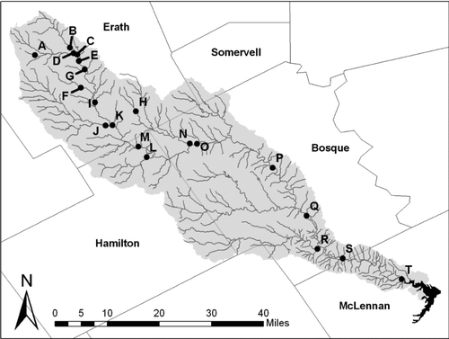 Figure 2 North Bosque River Watershed. Letters denote designated water sampling sites.