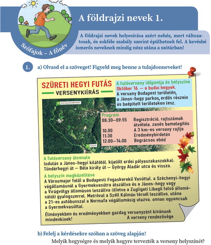 Figure 6. Initial page of the chapter dedicated to geographic names in the textbook for 4th grade, asking pupils to answer questions about the places of an imaginary mountain race (Benkőné Nyirő et al., Citation2016).