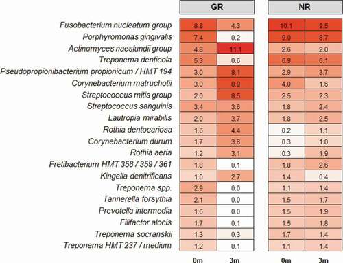 Figure 4. The relative abundances of the 20 most abundant taxa at a species level in subgingival plaque prior to non-surgical periodontal treatment (0 m) and three months after treatment (3 m) in NR and matched GR sites.