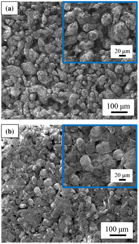 Figure 3. SEM images of composite materials with a filling factor of (a) 86.5% and (b) 63.1%. Insets show detail of the microstructure.