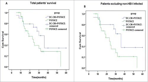 Figure 1. The prognosis of DC-CIK cell therapy for patients treated by POTACE. (A) The overall survival curves of total patients with HCC undergoing POTACE alone and POTACE plus DC-CIK cell therapy, respectively (n = 46, log rank, p = 0.118). (B) The overall survival curves of HCC patients without of HBV-infection undergoing POTACE alone (n = 22) and POTACE plus DC-CIK cell therapy (n = 15), respectively (log rank, p = 0.044). The Kaplan-Meier curves were used to analyze the OS of patients, log-rank test was used to check the significant difference between two groups; P < 0.05 signified statistical significance; blue and green line represents the low and high expression of PD-L1, respectively. Plus sign (+) on the line represents censored data.