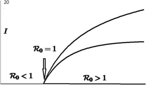 Figure 2. Bifurcation diagram for SIR model: As R0 increases from values less than 1 to values greater than 1, the model dynamics changes from disease extinction to disease persistence on a locally asymptotically stable period 2 population cycle.