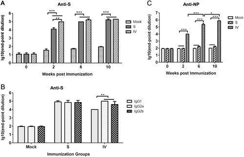 Fig. 2 Antigen-specific IgG response after vaccination.Anti-S (a) and anti-NP (b) specific IgGs were detected at 2, 6, and 10 weeks. S protein-specific antibody isotypes induced by vaccination after 10 weeks (c). Values are the means ± standard error of the mean (SEM). Significant values are defined by *P < 0.05, **P < 0.01 and ***P < 0.001