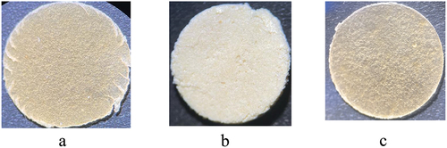 Figure 5. Macroscopic appearance of materials obtained by reinforcing PVA with a citric acid modified-cellulose (isolated from R. pseudoacacia pods), and functionalized with different concentrations of ferulic acid (A − 0.05%, B − 0.5%, C − 0%).