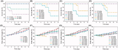 Figure 6. MTD study. The survival rate of Kunming mice after treated with free PPT (A), PCDMA (B), PDMA (C), and PCSA (D). The body changes of Kunming mice after treated with free PPT (E), PCDMA (F), PDMA (G), and PCSA (H). n= 10.