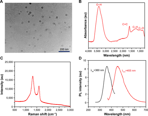 Figure S1 Basic characterization of GQDs.Notes: (A) Transmission electron microscopy image of GQDs showing their regular diameter, round shape, and spatial distribution. Scale bar: 200 nm. (B) FTIR spectrum of the GQDs showing vibrations of different functional groups. (C) Raman spectrum of the GQDs showing the D (1,355 cm−1) and G peaks (1,580 cm−1). (D) PL spectrum of the GQDs.Abbreviations: FTIR, Fourier-transform infrared spectroscopy; GQDs, graphene quantum dots; PL, photoluminescence.