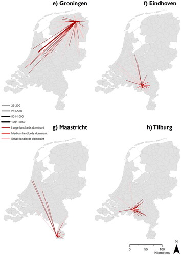 Figure 5. The networked geography of private landlordism in selected university cities in the Netherlands. Note. This concerns rental properties owned in these cities, with flows connecting to landlords’ places of residence.
