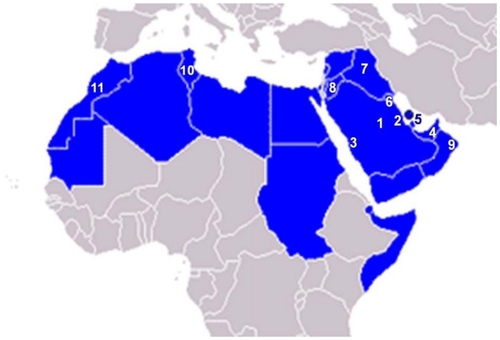Figure 1 Map of the Arab countries showing the participating cities in the ATLS project.