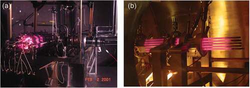 Fig. 1. The eBlock37 predecessors: (a) the LANL-built SAFE-30 demonstration tested at the NASA MSFC in February 2001 and (b) the LANL/MSFC-built SAFE-100a demonstration tested at the NASA MSFC in April 2004.