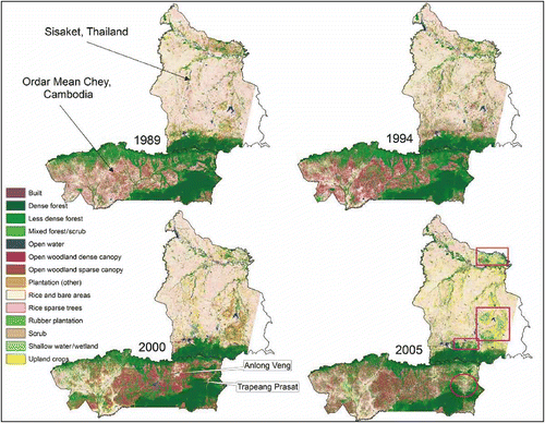 Figure 4. LULC classifications for Sisaket, Thailand, and Ordar Mean Chey, Cambodia, at each time-step in the study period. The circle on the 2005 classification shows the location of the wedge of deforestation in Ordar Mean Chey, whereas the rectangles highlight Sisaket's extreme northeast, escarpment foothills, and three hilly areas, where woodland has given way to upland crops and rubber plantations.