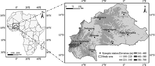 Figure 1. Relief map of Burkina Faso with synoptic stations location and location within Africa.