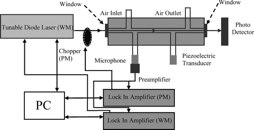 FIG. 1 Schematic diagram of the photoacoustic system, including tunable diode laser, chopper, photoacoustic resonator with microphone and piezoelectric transducer, photodetector, two lock-in amplifiers, and personal computer (PC). Both wavelength modulation (WM) and power modulation (PM) of the laser light are used for lock-in detection of the absorption signals.