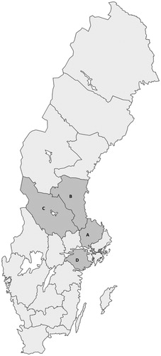 Figure 1. Map of Sweden showing the geographical area of the four counties in middle Sweden. The uptake area comprises: (A) Uppsala, population 367,483; (B) Gävleborg, population 285,452; (C) Dalarna, population 281,046; (D) Sörmland, population 290,711. Population numbers from 2017.