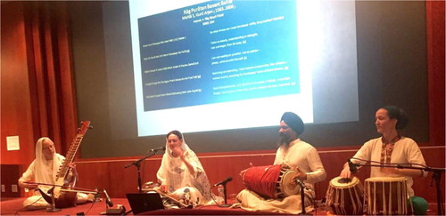 Sonic Pilgrimage Concert with Francesca Cassio (center), Nirvair Khalsa on taus, Parminder Bhamra on pakhāwaj, Nirinjan Khalsa-Baker on jorī. Photo courtesy Gurumeet S. Khalsa.