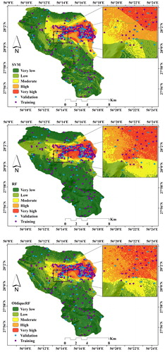 Figure 5. Head-cut gully erosion map using the five models: SVM, RF, and Oblique RF. Source: Author.