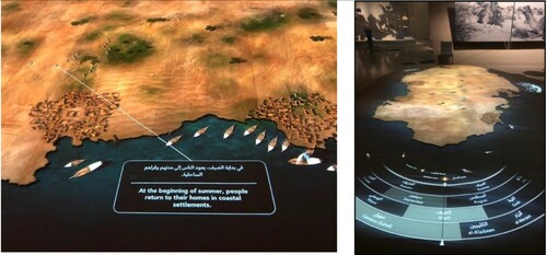 Figure 1: The technologized map of Qatar, depicting the seasonal movement between desert and sea in the new National Museum of Qatar. Mitchell photographs, 4 April 2019 (left) and 23 April 2019 (right).