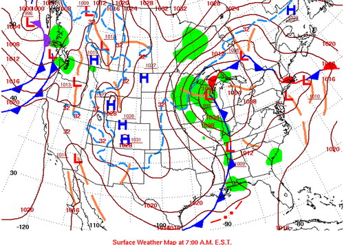 Figure 1. Surface weather map showing isobars, fronts, station plots and areas of precipitation (green shading) at 1200 GMT April 16, 2023. The low pressure center over Lake Michigan is a typical example of the type of storm system referred to in the text (see Table 1).