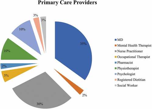 Figure 1. Percentage of health care providers represented by different health disciplines (n = 40).