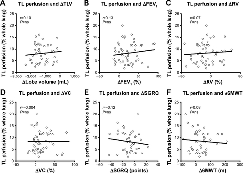 Figure S1 Correlations with baseline percentage perfusion of the TL.Notes: P-values were calculated using the Student’s t-test. (A) Correlation between TL perfusion and ΔTLV. (B) Correlation between TL perfusion and ΔFEV1. (C) Correlation between TL perfusion and ΔRV. (D) Correlation between TL perfusion and ΔVC. (E) Correlation between TL perfusion and ΔSGRQ. (F) Correlation between TL perfusion and Δ6MWT.Abbreviations: TL, target lobe; Δ, change from baseline to follow-up; TLV, target lobe volume; r, Pearson’s correlation coefficient; ns, not significant; FEV1, forced expiratory volume in 1 second; RV, residual volume; SGRQ, St George’s Respiratory Questionnaire; 6MWT, 6-minute walk test distance; VC, vital capacity.