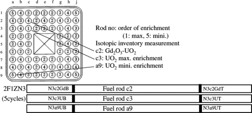 Figure 7. Fuel rod locations under burnup calculations for the five-cycle-irradiated lead use 9 × 9-9 assembly [Citation3].