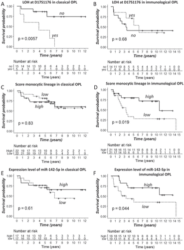 Figure 4. OPL subtypes and biomarkers of oral cancer risk in the discovery set. In the 86 OPL discovery dataset, classical (A, C, E) and immunological (B, D, F) OPL were split into two groups according to loss of heterozygosity at D17S1176 (17p13) (A-B); the median score of monocytic lineage (C-D) (high i.e. > median), the median expression of miR-142-5p (E-F) (high i.e. > median). Oral-cancer free survival curves were compared between these groups, using a log-rank test.