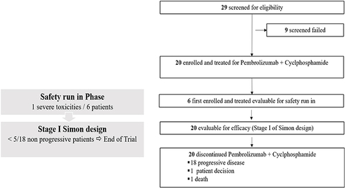 Figure 1 Trial Consort. Twenty-nine patients were screened and 20 were enrolled and treated with the combination. The safety run in was conducted on the first 6 patients, also counted for the Phase II part. Among the 20 evaluable patients for efficacy, all had permanently discontinued study treatments. The minimal number of successes to open the Simon stage 2 (at least 5 patients with clinical benefit rate at 6 months) was not reached and study was prematurely ended.