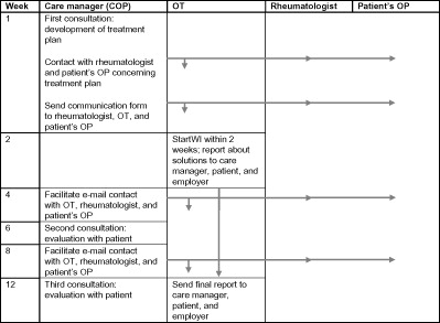 Figure 1. Time scheduling of the multidisciplinary intervention program. COP: clinical occupational physician; OT: occupational therapist; OP: occupational physician; WI: workplace intervention [Citation19].