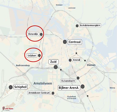 Figure 3 (Colour online) Train stations in and around Amsterdam. The potential development of the station areas of Sloterdijk and Lelylaan, in red circles, was discussed in Case 1. Adapted from: Municipality of Amsterdam (Citation2008).