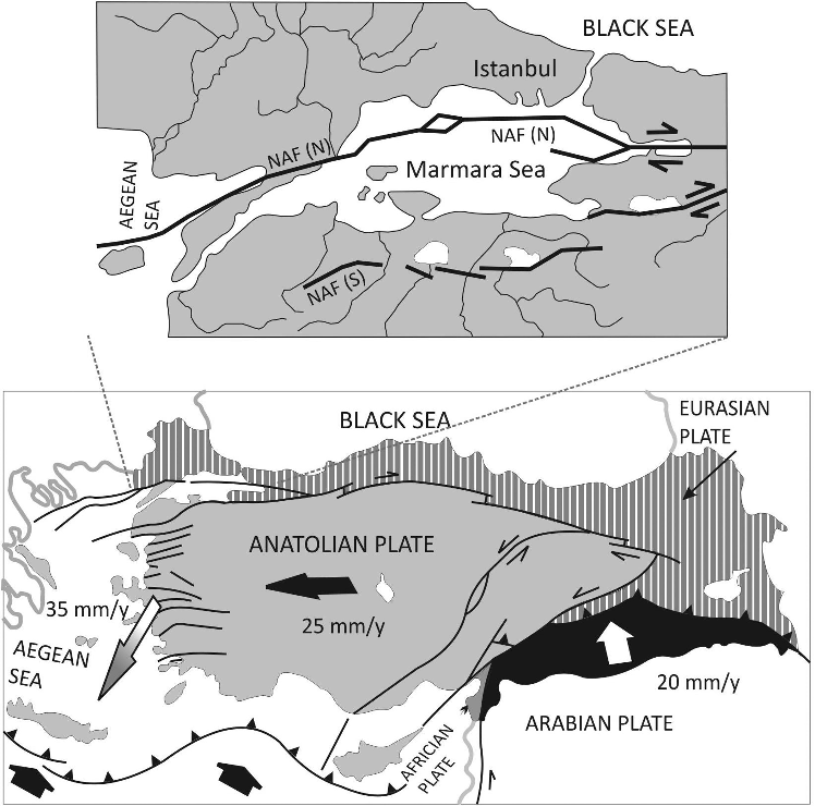 Figure 2. The map of simplified Neotectonic outlines of Turkey and North Anatolian Fault (NAF) branches around Marmara region (partly adopted by Barka and Kadinsky-Cade (Citation1988) and McClusky et al. (Citation2000)).